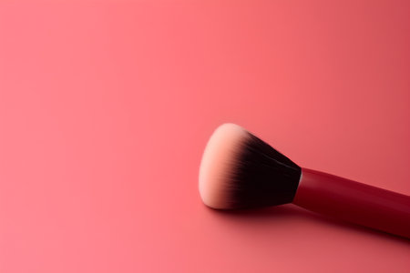 Makeup brush isolated on red background. Top view with copy spaceの素材