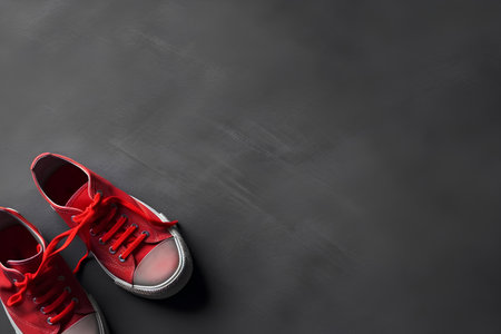 Red sneakers on black background. Top view with copy space for your textの素材