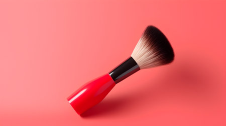 Makeup brush on red background. Make up concept. Top view.の素材