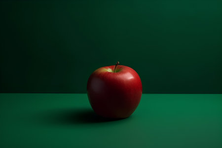 Red apple on green background. 3d rendering. Copy space.の素材