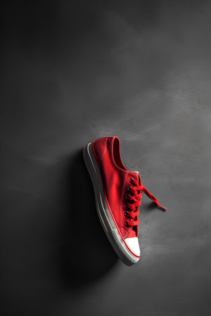 Red sneakers on black chalkboard background. Top view with copy spaceの素材
