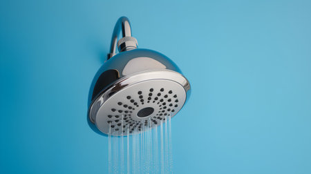 Shower head with running water on blue background. 3D renderingの素材
