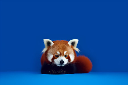 Red panda on blue background. Red panda in studio.の素材