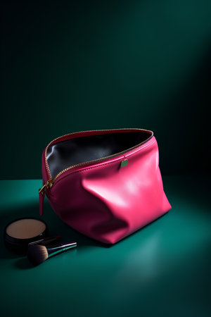 Pink leather clutch and cosmetics on a green background. 3d renderingの素材