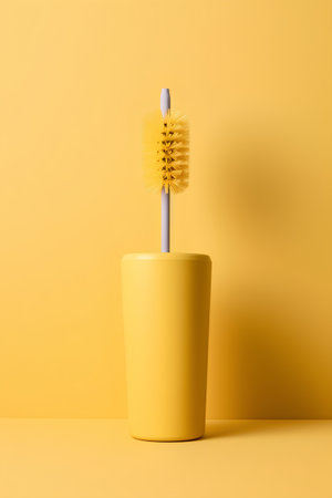 Toothbrush in yellow vase on yellow background. Minimal concept.の素材