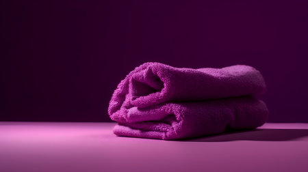Towels on a purple background with copy space. Toned.の素材
