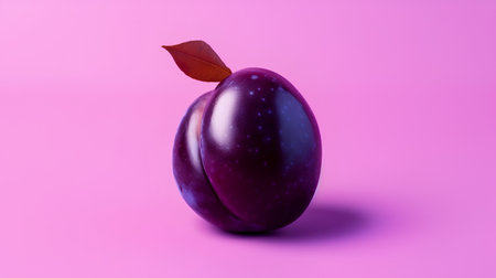 Purple plum with leaf on a pink background. 3d renderingの素材