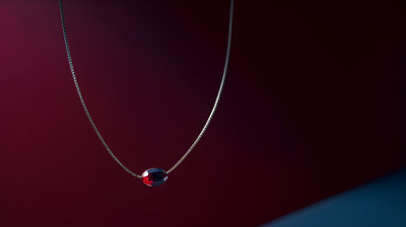 Necklace with a red gemstone on a dark red backgroundの素材