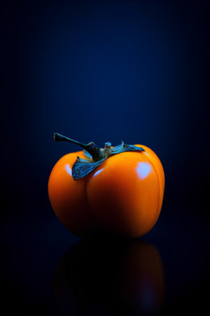 Ripe persimmon on a dark blue background. Toned.の素材