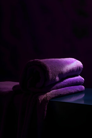Purple towel on a black background with copy space for text.の素材