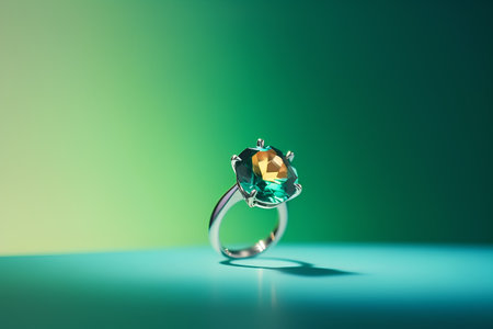 Ring with sapphire on a green background. 3D illustrationの素材