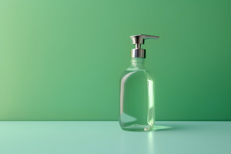 Liquid soap dispenser bottle on green background. 3d render illustrationの素材