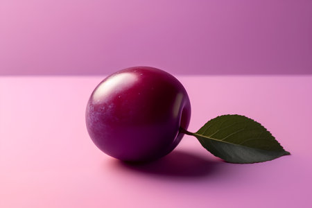 Plum with leaf on a pink background. 3d illustration.の素材
