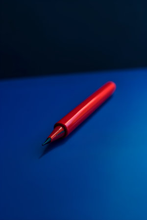 Red pen on a blue background. Close-up of red pen.の素材