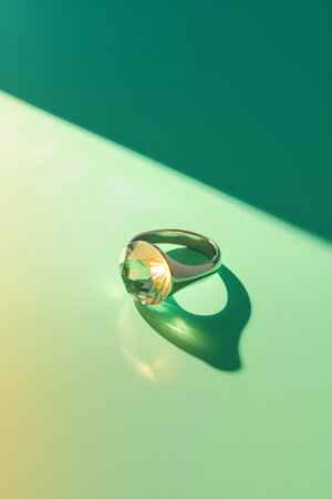 Wedding ring on a green background. 3D rendering.の素材