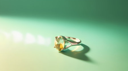 Jewelry diamond ring on a green background with copy space.の素材