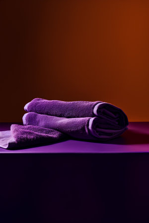 Towels on purple and orange background, close up, copy spaceの素材