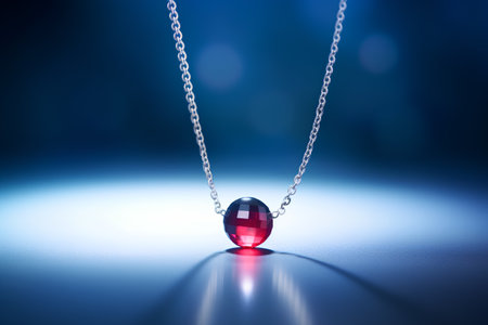 3D rendering of a red crystal ball on a chain on blue backgroundの素材