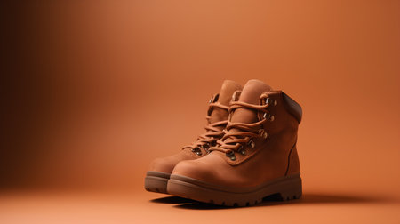 Pair of brown hiking boots on an orange background with copy spaceの素材