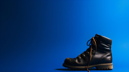 Black leather boots on a blue background with copy space for your text.の素材