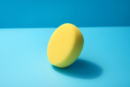Yellow sponge on blue background. Minimal concept. 3d renderの素材