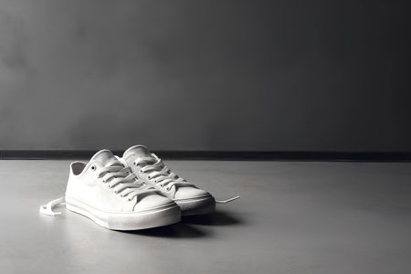 White sneakers on the floor in front of a dark wall. Shallow depth of fieldの素材