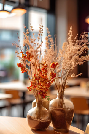 Bouquet of dried flowers in vase on table in cafeの素材