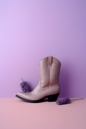 Pair of women's boots and lavender on a purple backgroundの素材