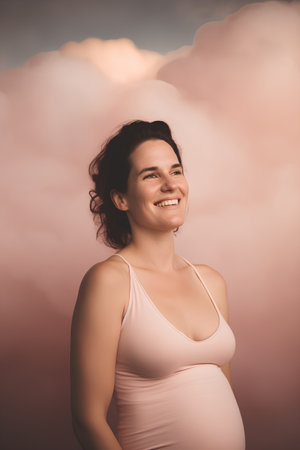 Portrait of a beautiful young pregnant woman in a pink dress on a background of cloudsの素材