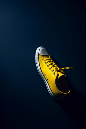 Yellow sneakers on a dark blue background. 3d render illustration.の素材