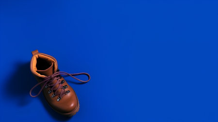 Pair of brown leather shoes on a blue background with copy spaceの素材