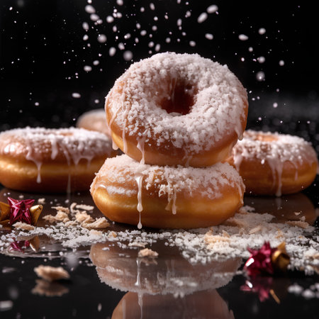 Donuts with icing sugar on a black background. Shallow dof.の素材