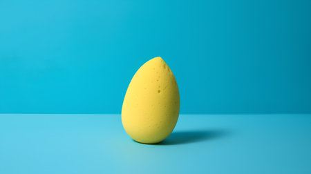 Yellow easter egg on blue background. Minimal easter conceptの素材