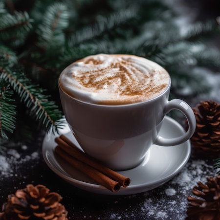 Cappuccino with cinnamon and christmas tree on dark backgroundの素材