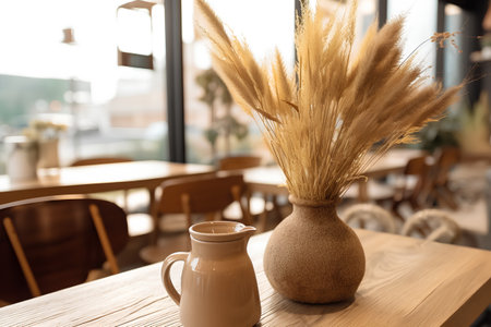 Vase with dry pampas grass on wooden table in cafeの素材