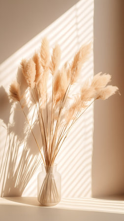 Bouquet of dry pampas grass in vase on table with window blinds. Minimal still life.の素材