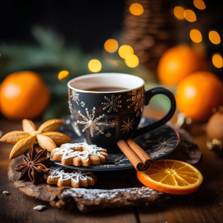 Cup of hot tea with cookies and spices on wooden background.の素材