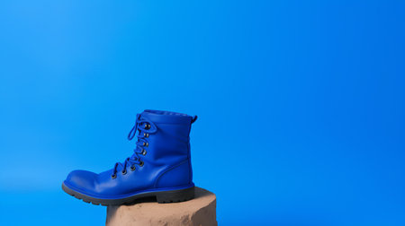 Blue winter boots isolated on blue background with copy space for your text.の素材
