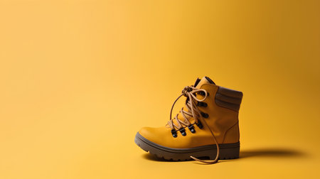 Yellow boot with shoelaces isolated on yellow background. Copy space.の素材