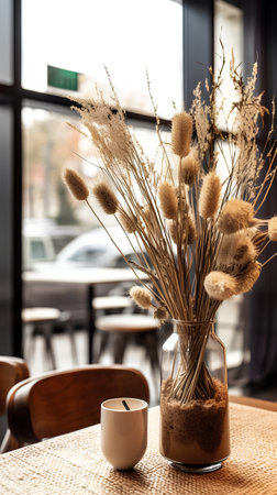 Bouquet of dried flowers in vase on table in cafeの素材