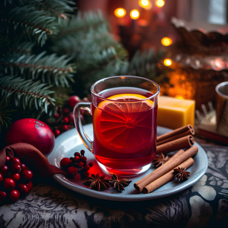 Mulled wine with spices and christmas tree branch on wooden backgroundの素材
