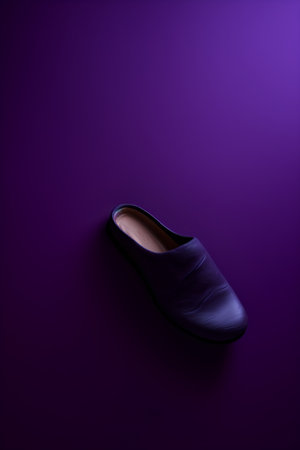 Fashionable female shoes on a purple background. Top view.の素材