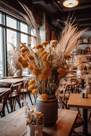 Bouquet of dried flowers in vase on wooden table in cafeの素材