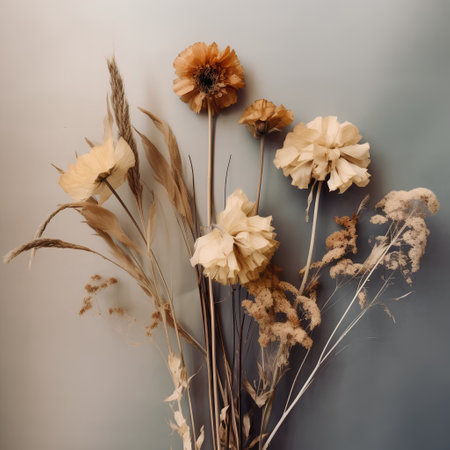 Dried flowers on gray background. Flat lay, top view.の素材