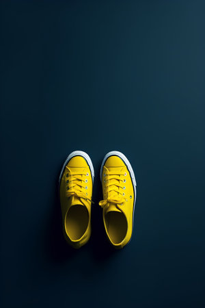 Yellow sneakers on a dark blue background. Minimalism concept.の素材