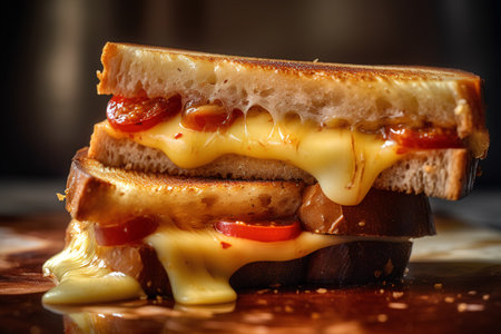 Sandwich with cheese and tomato on a dark background. Toned.の素材