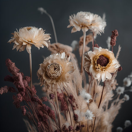 Dried flowers on dark background. Dried flowers in vintage style.の素材