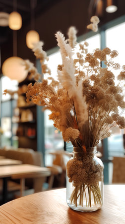 Bouquet of dried flowers in vase on table in cafeの素材