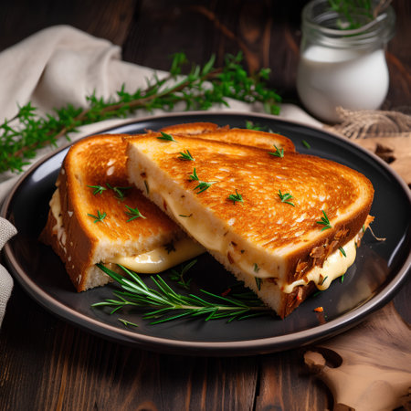 Toasted bread with cheese and rosemary on a wooden background. Selective focus.の素材