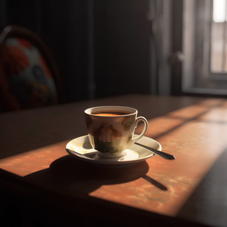 Cup of tea on a wooden table in the morning sunlight.の素材